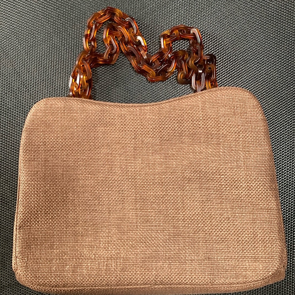 Brown Linen-Like Handbag with Tortoise Straps